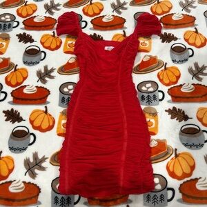 Oh Polly Red Ruched Mini Dress with Puff Sleeves
